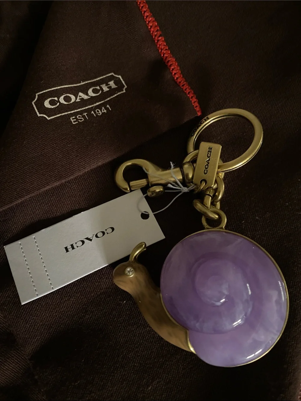 Coach Purple Enamel Snail Keychain Charm with Brass Hardware